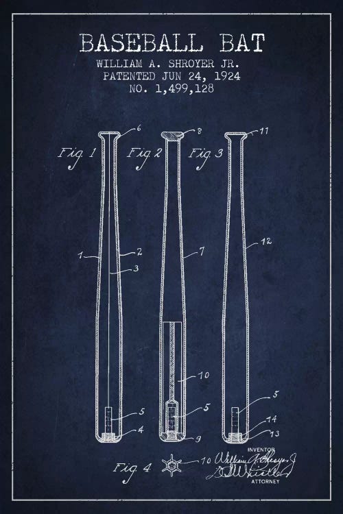 Baseball Bat Navy Blue Patent I Blueprint by Aged Pixel wall art