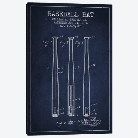 Baseball Bat Navy Blue Patent Blueprint Canvas Print #ADP2017} by Aged Pixel Canvas Wall Art