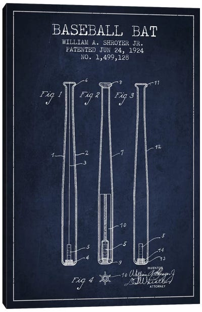 Baseball Bat Navy Blue Patent Blueprint Canvas Art Print - Sports Fanatics