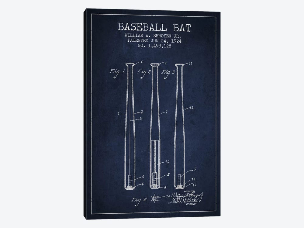 Baseball Bat Navy Blue Patent Blueprint by Aged Pixel 1-piece Canvas Art