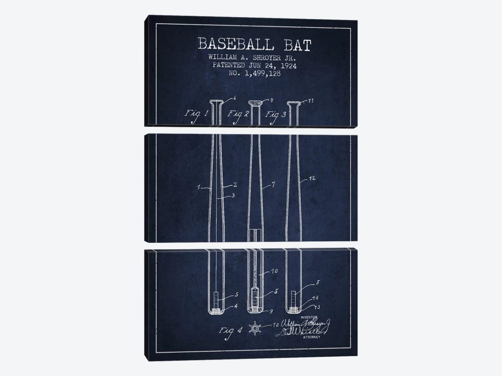 Baseball Bat Navy Blue Patent Blueprint by Aged Pixel 3-piece Canvas Art