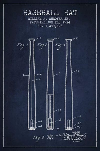 Kids Sports Art: Baseball Bat Navy Blue Patent I Blueprint by Aged Pixel