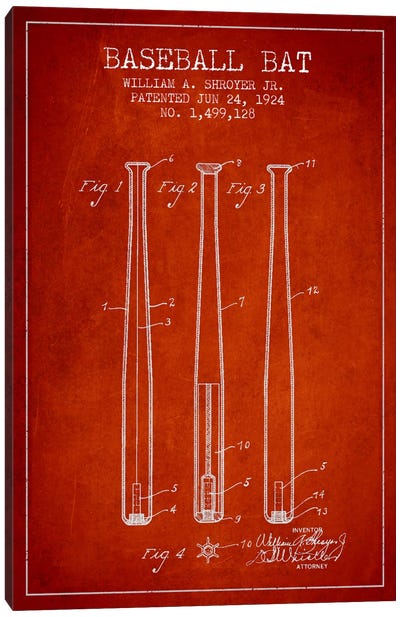 Baseball Bat Red Patent Blueprint Canvas Art Print - Baseball Art