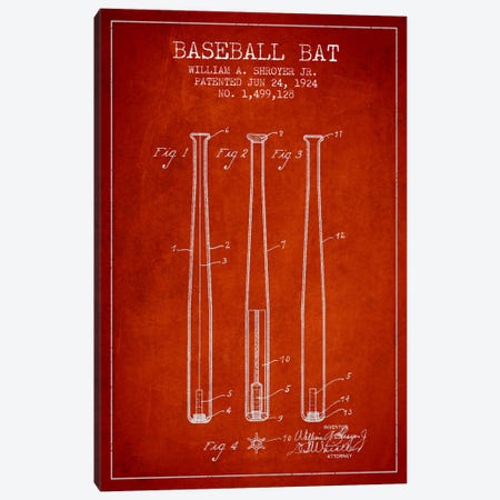 Baseball Bat Red Patent Blueprint Canvas Print #ADP2018} by Aged Pixel Art Print