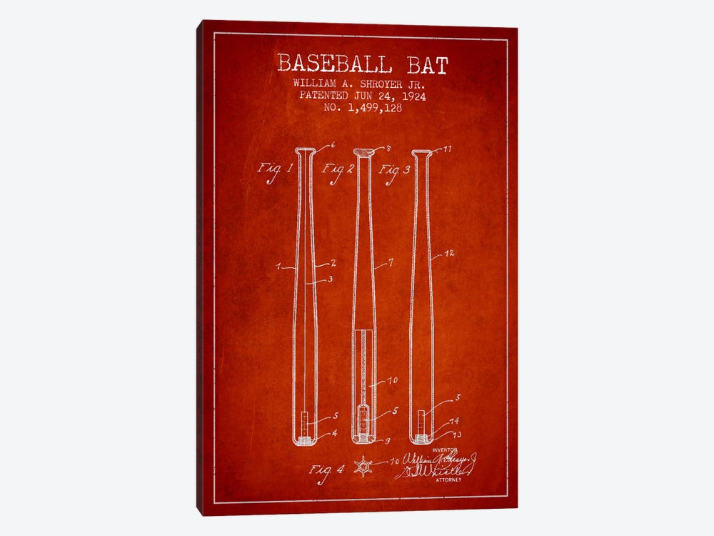 Baseball Bat Red Patent Blueprint by Aged Pixel 1-piece Canvas Art Print