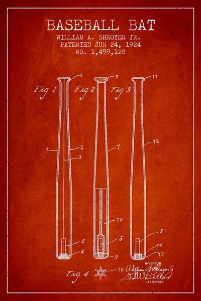 Sports Blueprints: Baseball Bat Red Patent I Blueprint by Aged Pixel