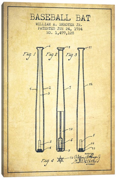 Baseball Bat Vintage Patent Blueprint Canvas Art Print - Sports Fanatics