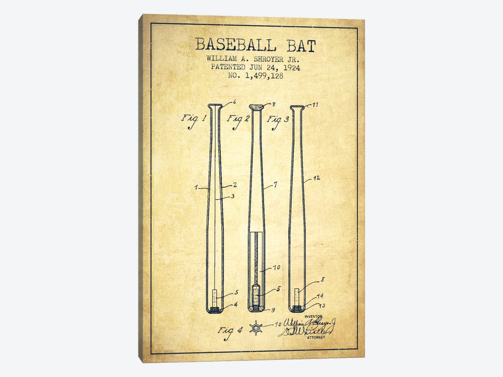 Baseball Bat Vintage Patent Blueprint by Aged Pixel 1-piece Canvas Artwork