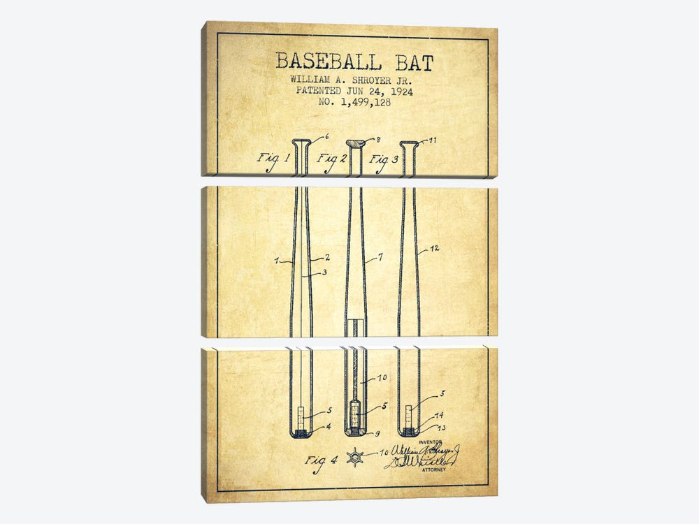 Baseball Bat Vintage Patent Blueprint by Aged Pixel 3-piece Canvas Wall Art