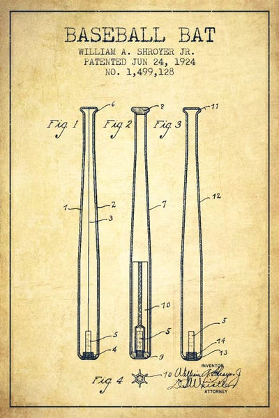 Sports Blueprints: Baseball Bat Vintage Patent I Blueprint by Aged Pixel