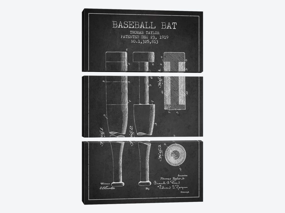 Baseball Bat Charcoal Patent Blueprint by Aged Pixel 3-piece Canvas Wall Art