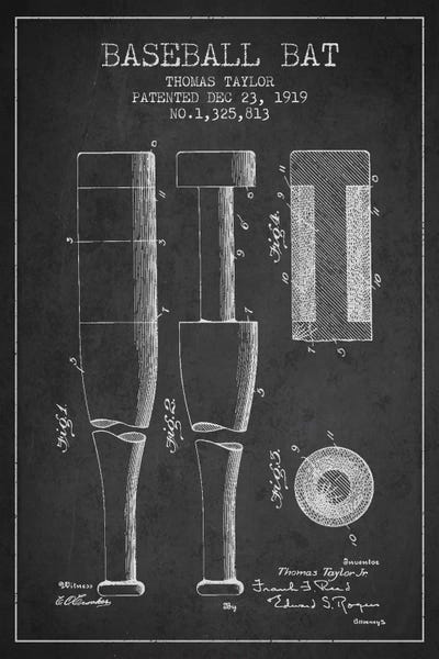 Sports Blueprints: Baseball Bat Charcoal Patent II Blueprint by Aged Pixel