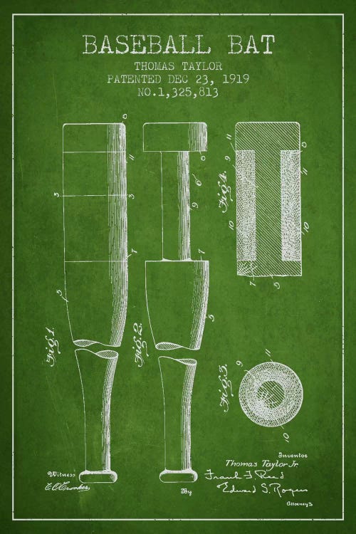 Baseball Bat Green Patent Blueprint