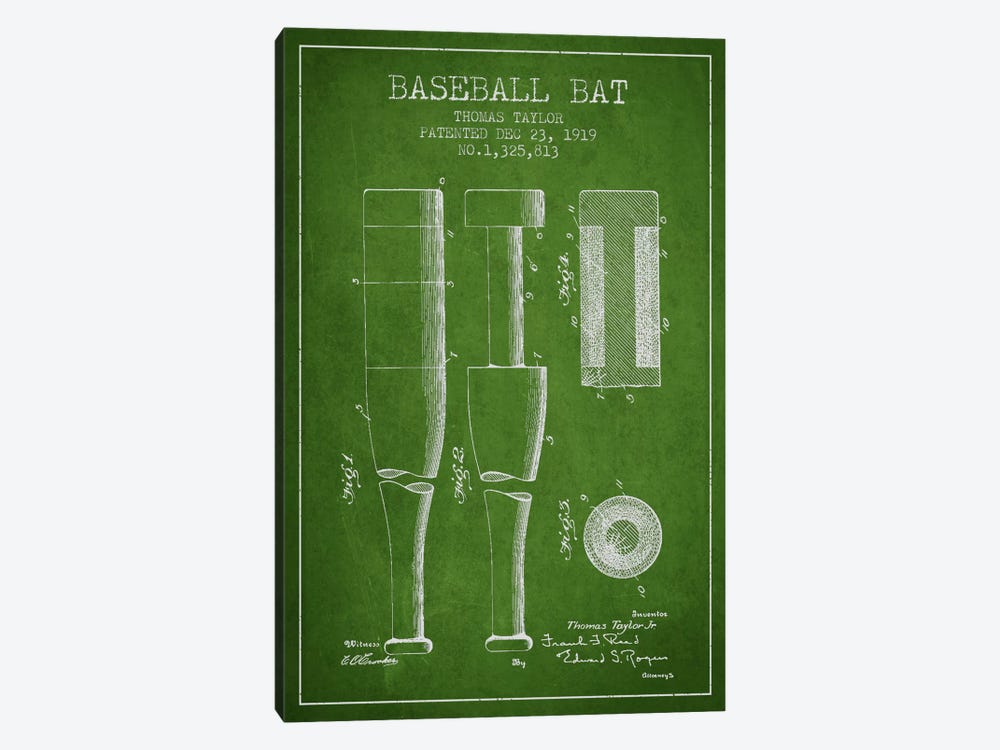 Baseball Bat Green Patent Blueprint by Aged Pixel 1-piece Canvas Print