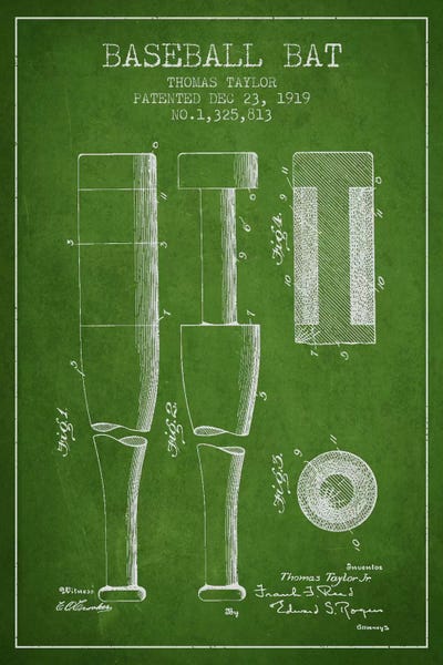 Baseball: Baseball Bat Green Patent II Blueprint by Aged Pixel