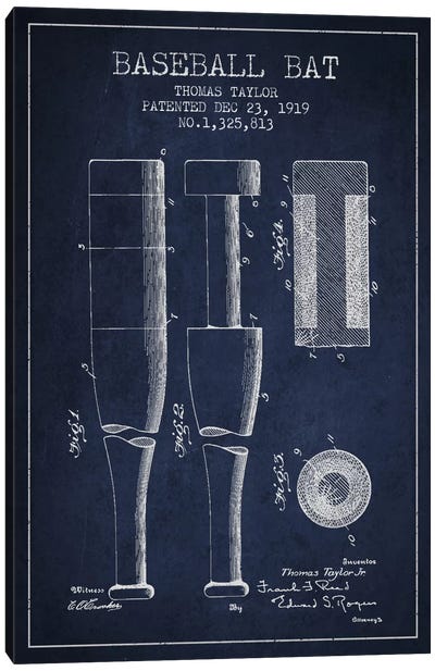 Baseball Bat Navy Blue Patent Blueprint Canvas Art Print - Baseball Art