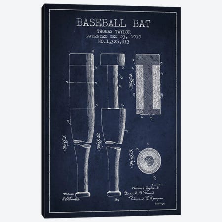 Baseball Bat Navy Blue Patent Blueprint Canvas Print #ADP2022} by Aged Pixel Canvas Art