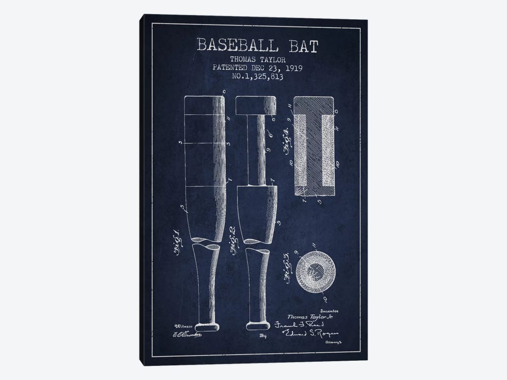 Baseball Bat Navy Blue Patent Blueprint by Aged Pixel 1-piece Canvas Artwork