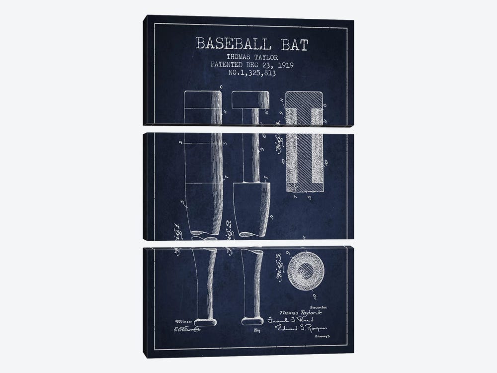 Baseball Bat Navy Blue Patent Blueprint by Aged Pixel 3-piece Canvas Wall Art