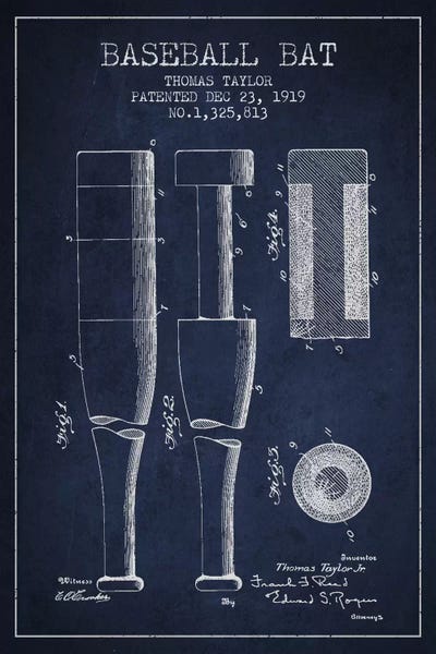 Sports Blueprints: Baseball Bat Navy Blue Patent II Blueprint by Aged Pixel