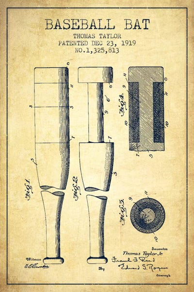 Baseball: Baseball Bat Vintage Patent II Blueprint by Aged Pixel