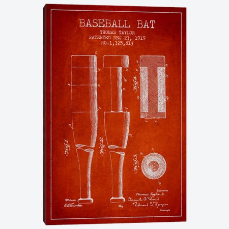Baseball Bat Light Red Patent Blueprint Canvas Print #ADP2024} by Aged Pixel Canvas Print