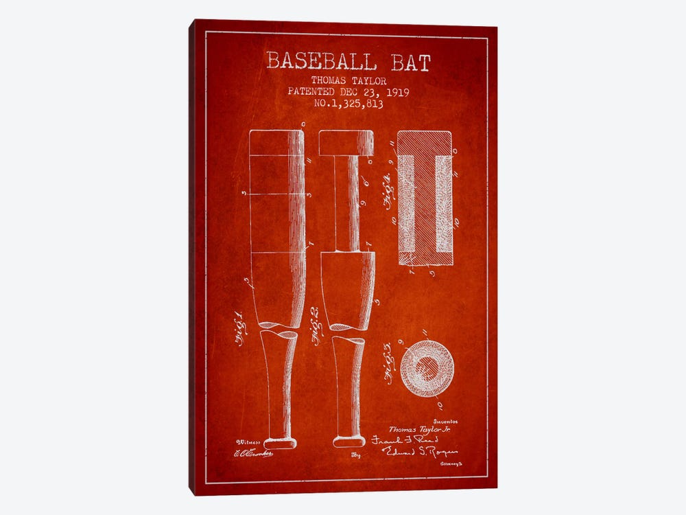 Baseball Bat Light Red Patent Blueprint by Aged Pixel 1-piece Canvas Wall Art