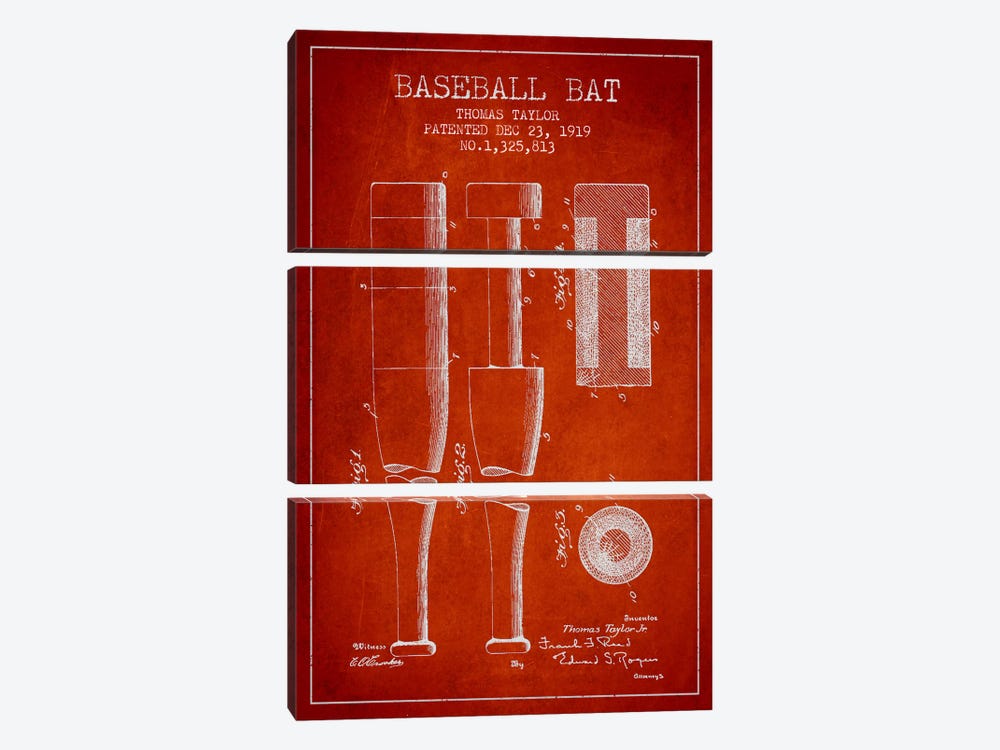 Baseball Bat Light Red Patent Blueprint by Aged Pixel 3-piece Canvas Wall Art
