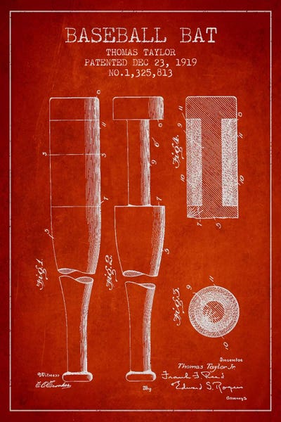 Baseball: Baseball Bat Light Red Patent Blueprint by Aged Pixel
