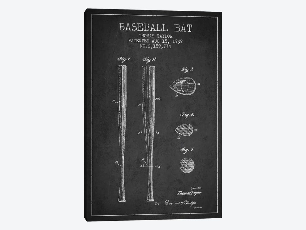 Baseball Bat Charcoal Patent Blueprint by Aged Pixel 1-piece Canvas Print