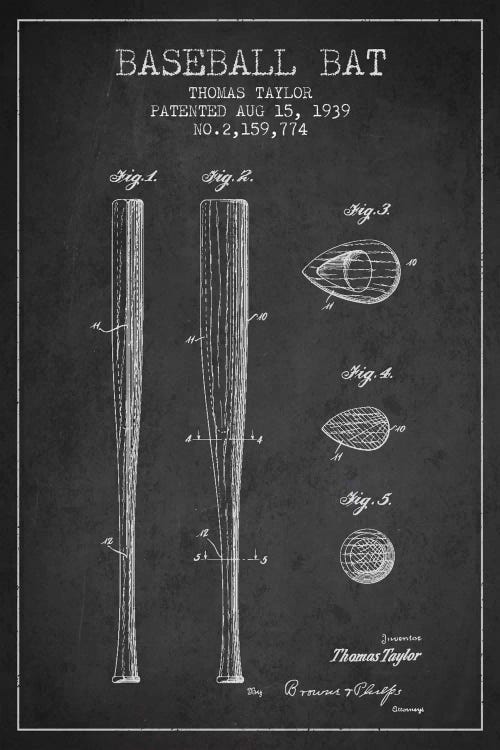 Baseball Bat Charcoal Patent III Blueprint