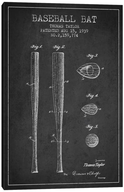 Baseball Bat Charcoal Patent Blueprint Canvas Art Print - Sports Blueprints