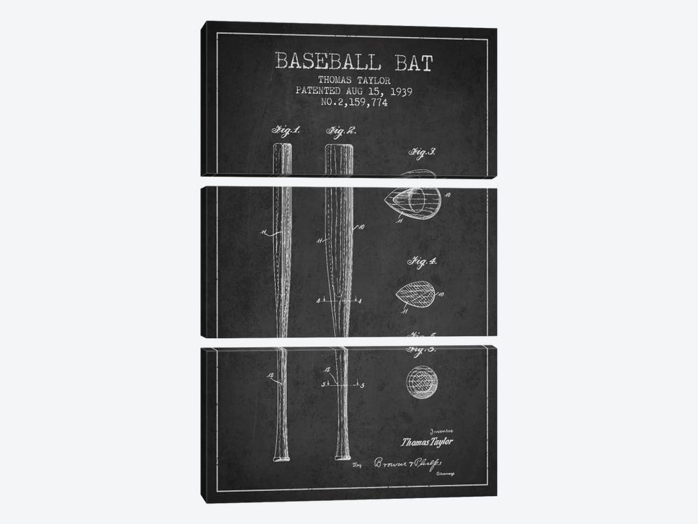 Baseball Bat Charcoal Patent Blueprint by Aged Pixel 3-piece Art Print