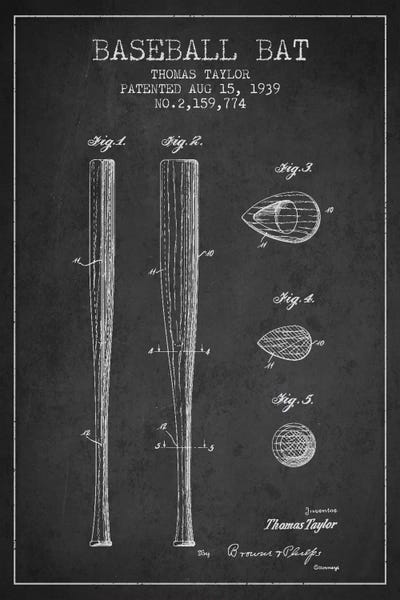 Sports Blueprints: Baseball Bat Charcoal Patent III Blueprint by Aged Pixel
