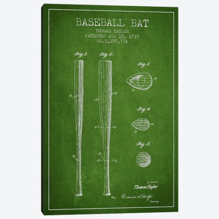 Baseball Bat Green Patent Blueprint Canvas Print #ADP2026} by Aged Pixel Art Print