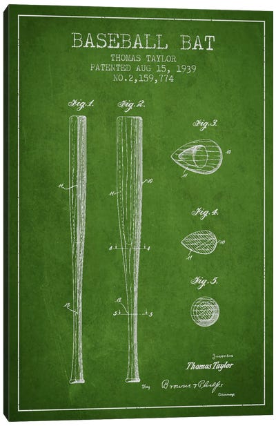 Baseball Bat Green Patent Blueprint Canvas Art Print