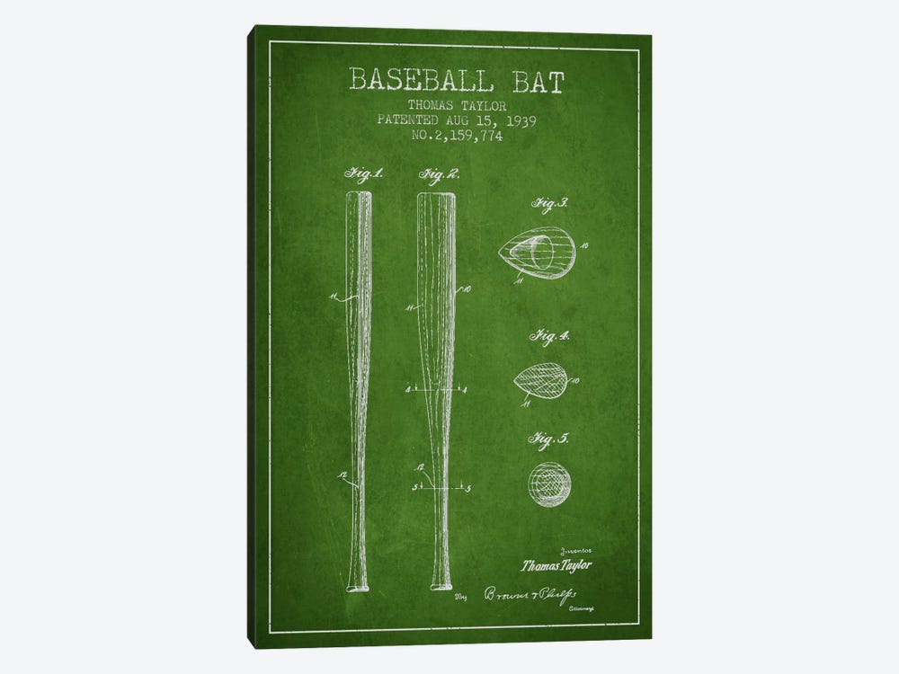 Baseball Bat Green Patent Blueprint by Aged Pixel 1-piece Canvas Wall Art