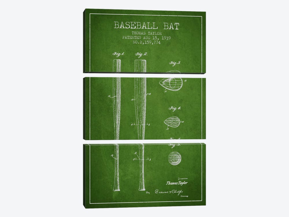 Baseball Bat Green Patent Blueprint by Aged Pixel 3-piece Canvas Wall Art