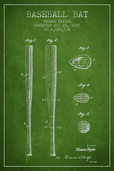 Sports Blueprints: Baseball Bat Green Patent III Blueprint by Aged Pixel