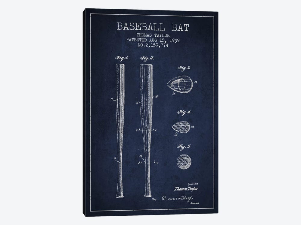 Baseball Bat Navy Blue Patent Blueprint by Aged Pixel 1-piece Canvas Print