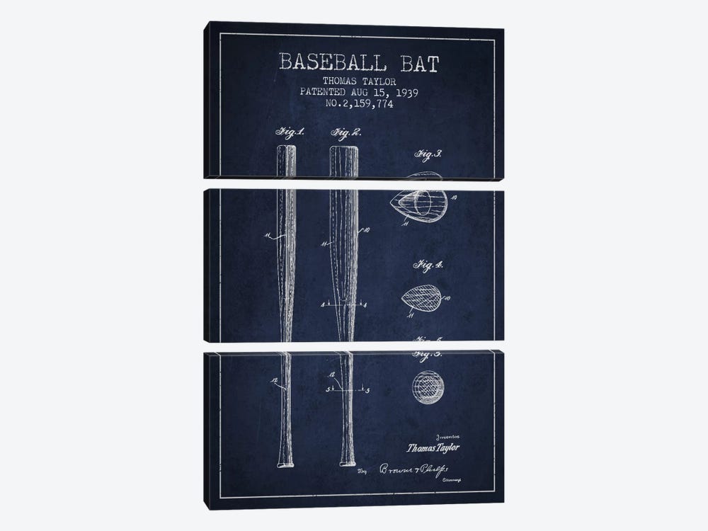 Baseball Bat Navy Blue Patent Blueprint by Aged Pixel 3-piece Art Print