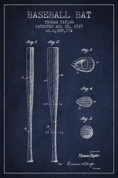 Sports Blueprints: Baseball Bat Navy Blue Patent III Blueprint by Aged Pixel