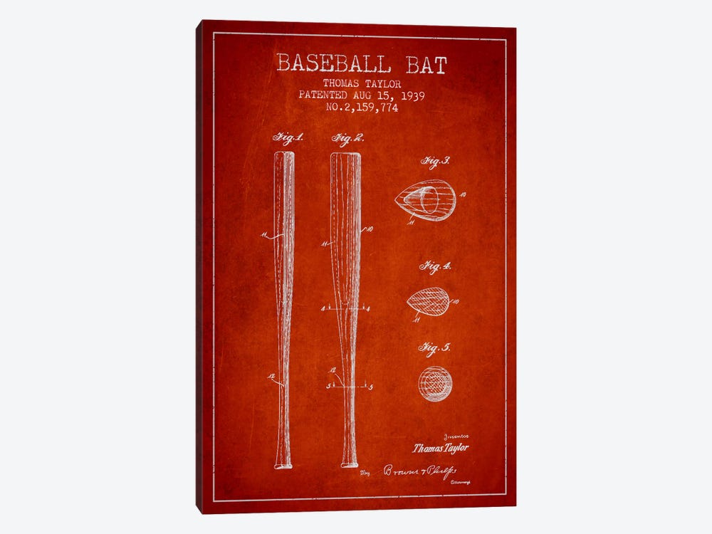 Baseball Bat Red Patent Blueprint by Aged Pixel 1-piece Canvas Artwork