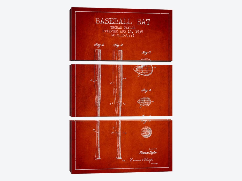 Baseball Bat Red Patent Blueprint by Aged Pixel 3-piece Canvas Art