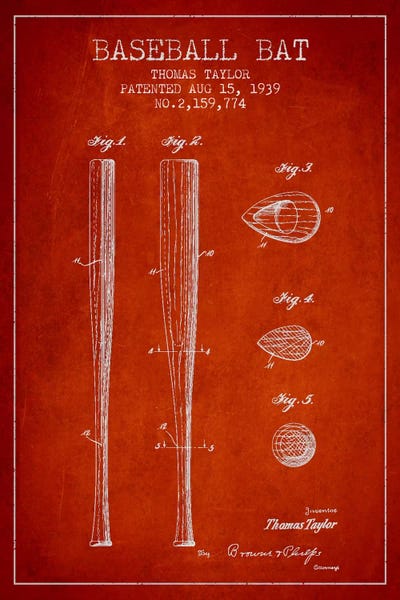 Baseball: Baseball Bat Red Patent II Blueprint by Aged Pixel
