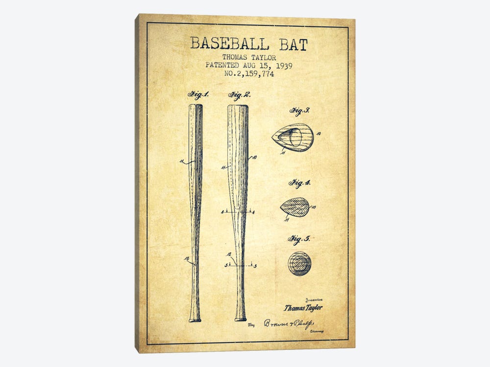 Baseball Bat Vintage Patent Blueprint by Aged Pixel 1-piece Canvas Print
