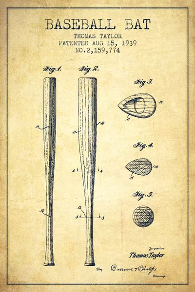 Baseball: Baseball Bat Vintage Patent III Blueprint by Aged Pixel