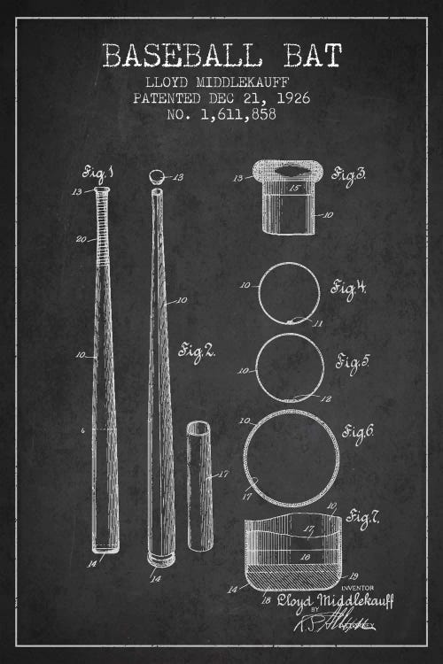 Baseball Bat Charcoal Patent Blueprint