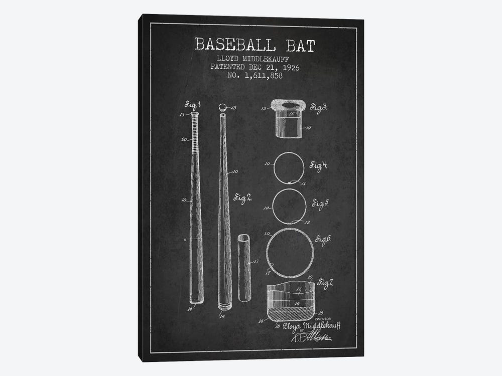 Baseball Bat Charcoal Patent Blueprint by Aged Pixel 1-piece Art Print