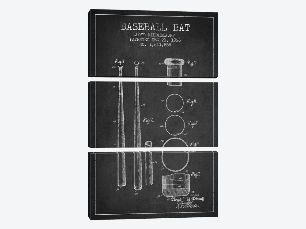 Baseball Bat Charcoal Patent Blueprint by Aged Pixel 3-piece Canvas Print